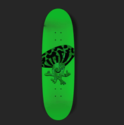 Mr. Mushy glow-in-the-dark egg-shaped skateboard deck with green graphics, made from 7-ply Canadian maple, size 9.75x32.5 inches.