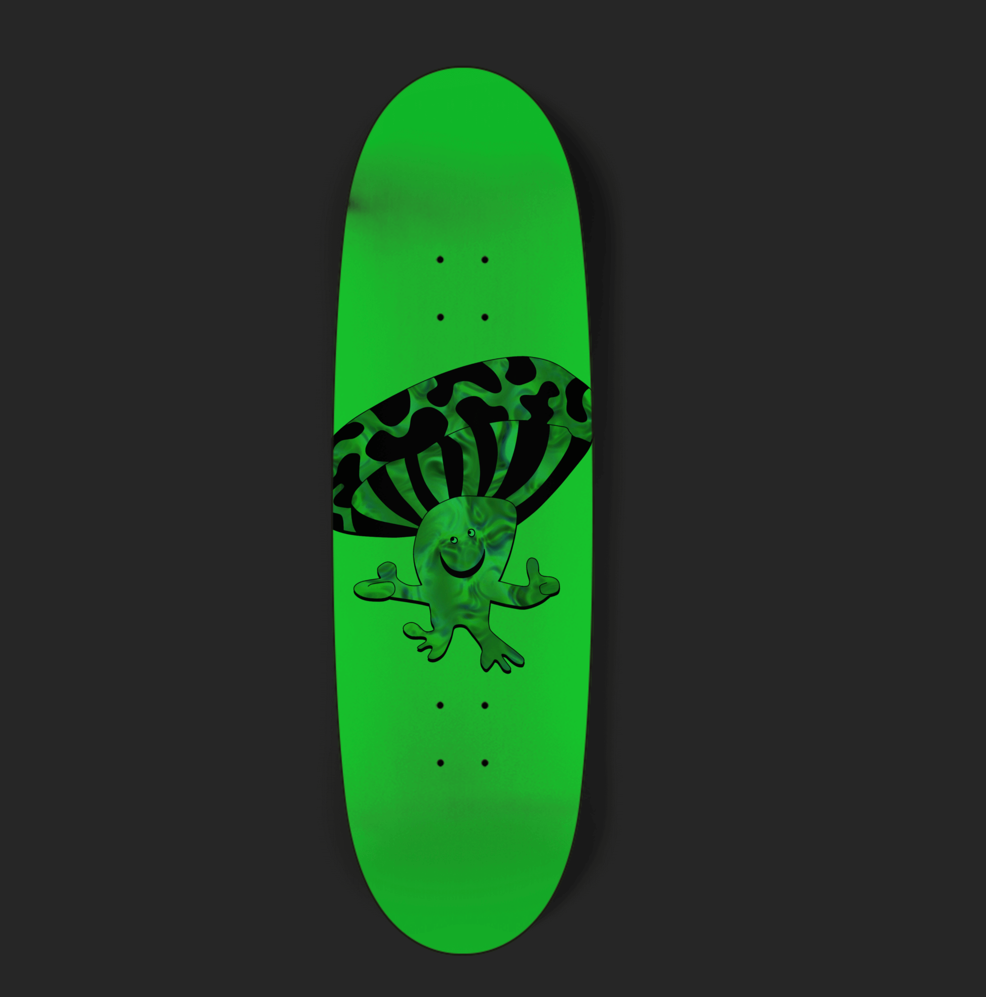 Mr. Mushy glow-in-the-dark egg-shaped skateboard deck with green graphics, made from 7-ply Canadian maple, size 9.75x32.5 inches.