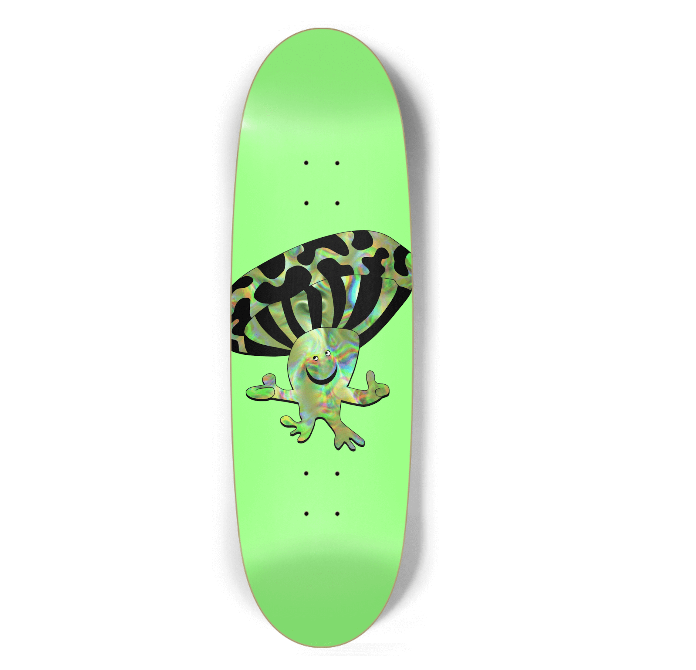 Mr. Mushy glow-in-the-dark egg-shaped skateboard deck, featuring 7-ply Canadian maple with unique design, size 9.75x32.5 inches.