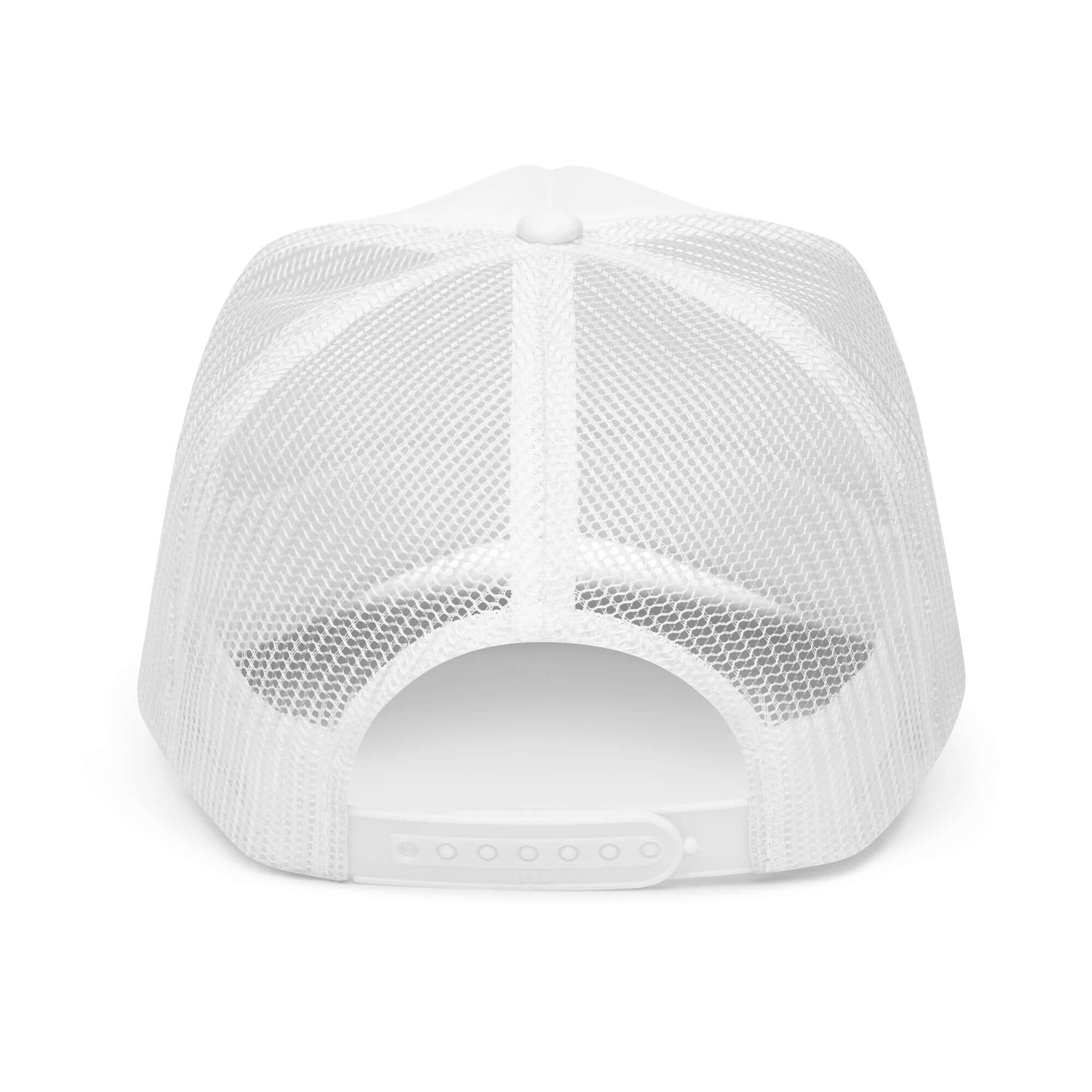 White foam trucker hat with mesh back and adjustable snap for perfect fit