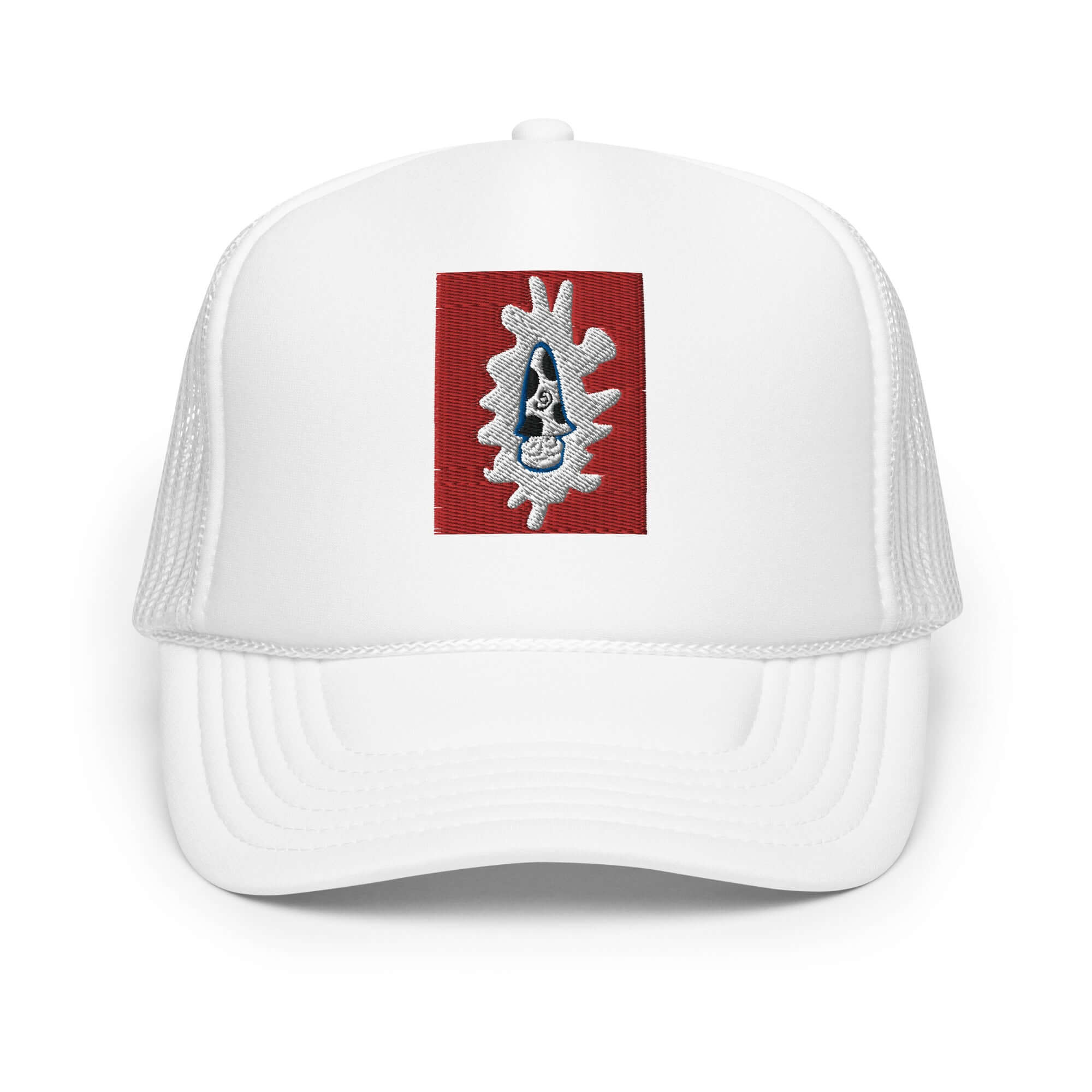 White foam trucker hat with unique embroidered design on the front, featuring a mesh back and adjustable snap for a comfortable fit.