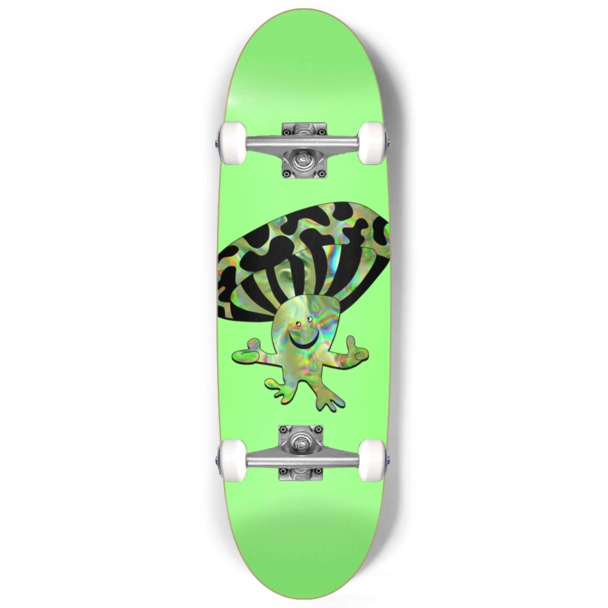 Mr. Mushy glow-in-the-dark egg skateboard deck, featuring a green design with vibrant art, white wheels, and silver trucks.