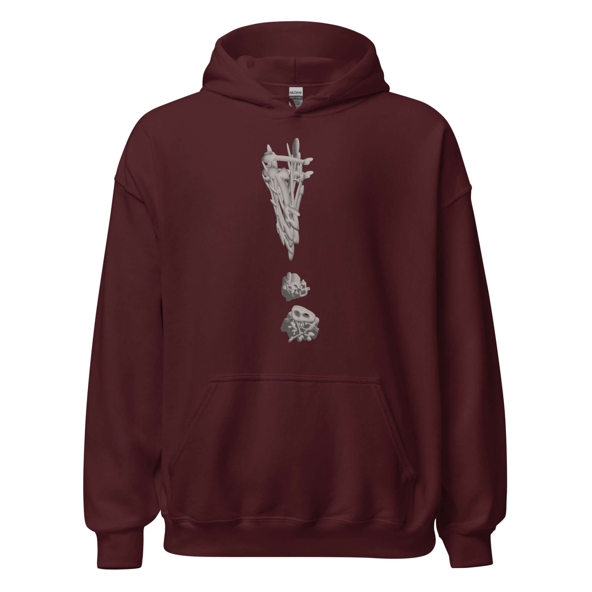 Maroon Sleep Snowboards Grave Digger Hoodie with digital bones logo, double-lined hood, and rib-knit cuffs for comfort and style.